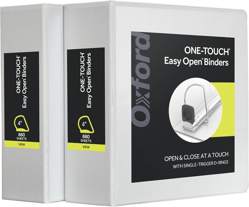 Photo 1 of Oxford 3 Ring Binders, 4 Inch, ONE-Touch Easy Open D Rings, View Binder Covers, 4 Interior Pockets, PVC-Free, Holds 880 Sheets, White, 2 Pack (79921)
