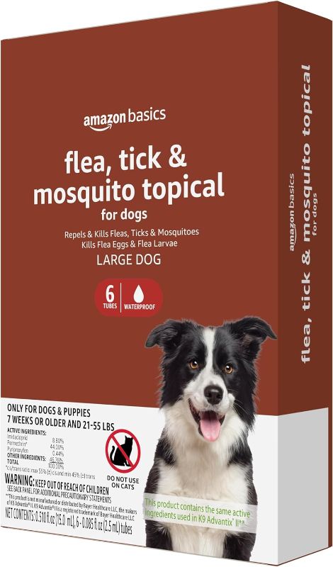 Photo 1 of Amazon Basics Flea, Tick & Mosquito Topical Treatment for Large Dogs (21-55 pounds), 6 Count (Previously Solimo) --- EXP. 06-28-2023

