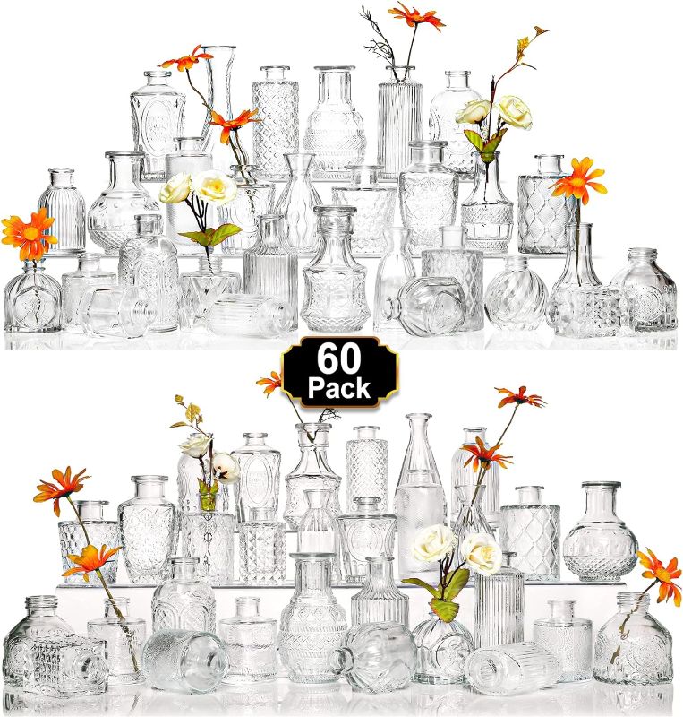 Photo 1 of Arme Glass  Vase Set of 60 Pcs, Small Clear Glass Bud Vases in Bulk for Flowers, Rustic Wedding Centerpieces and Vintage Decorations, Perfect for Home, Table and Events with Elegant Design