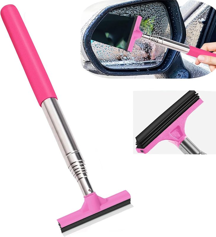 Photo 1 of  Car Rearview Mirror Wiper, Auto Glass Squeegee, Retractable to 38.58 inches Long Car Glass Wiper, Portable Cleaning Tool for All Vehicles, Windows, Mirrors, Shower Glass Doors and Etc (Pink (3.2")) 