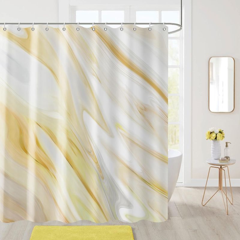 Photo 1 of De-Mediocre Yellow Marble Shower Curtain Stylish Ombre Yellow Marble Decor Curtains for Bathroom Abstract White Leaves Bath Curtains Fabric Waterproof Polyester 72 x 72 Inches Yellow 72.00" x 72.00"