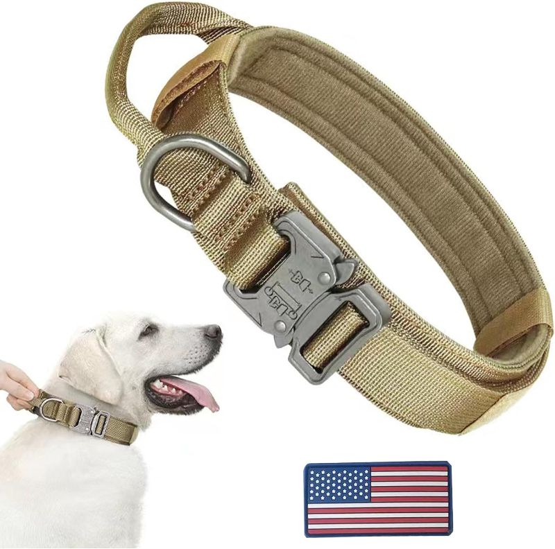 Photo 1 of Snogisa Tactical Dog Collar with USA American Flag,Training Dog Collar with Handle and Metal Buckle,Service or Military Tactical Dog Collar with Handle. (Khaki) 