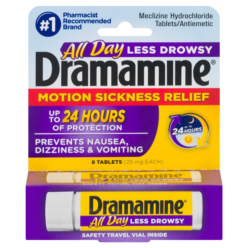 Photo 1 of PACK OF 3, Dramamine All Day Less Drowsy Motion Sickness Relief Tablets for Nausea, Dizziness & Vomiting - 8ct BEST BY 12 2025