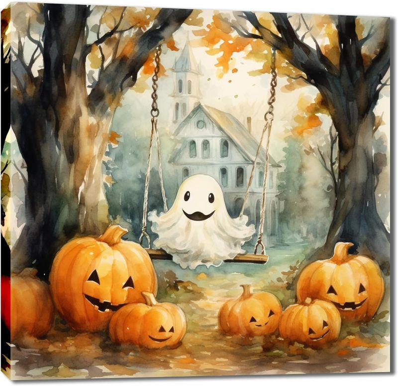 Photo 1 of Cute Halloween Wall Art Decoration - Lovely White Ghost Reading newspapers On the toilet and Yellow Pumpkin Framed Canvas Painting Wall Pictures Decoration for All Saints' Day 4 Panels 12x12 inches