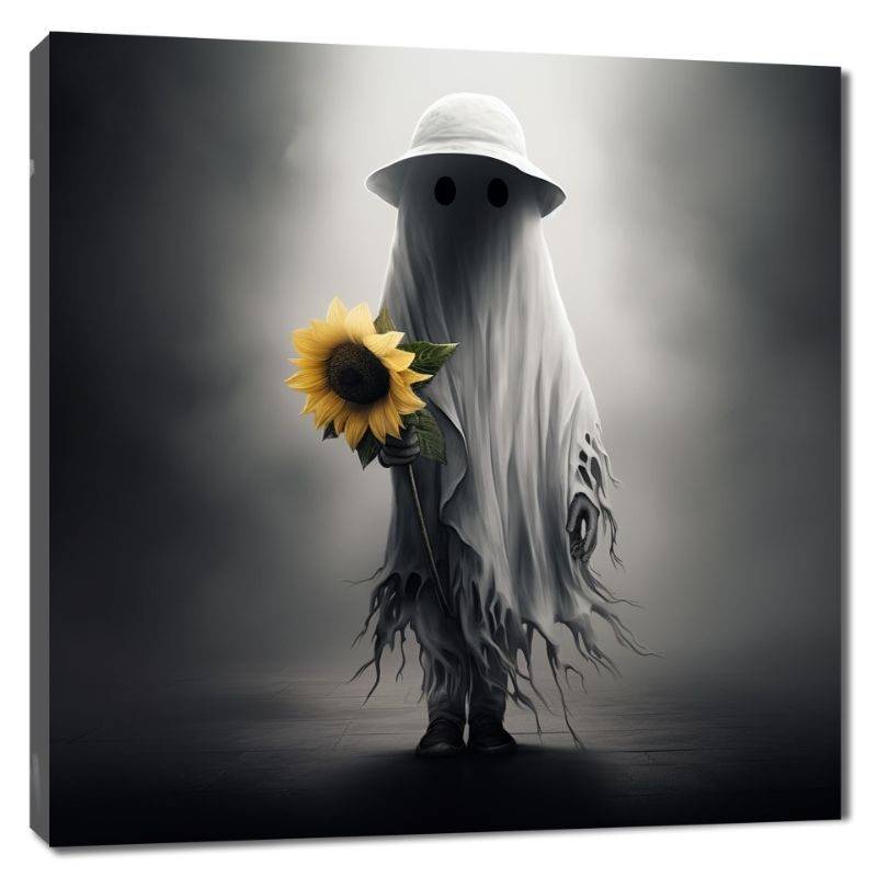 Photo 1 of White Cute Ghost Taking Sunflower/Walking Alone on Black White Street With Hat/Framed Painting for All Saints' Day Decoration/Canvas Wall Art for Home Bedroom Living Room Decor 12x16 inches