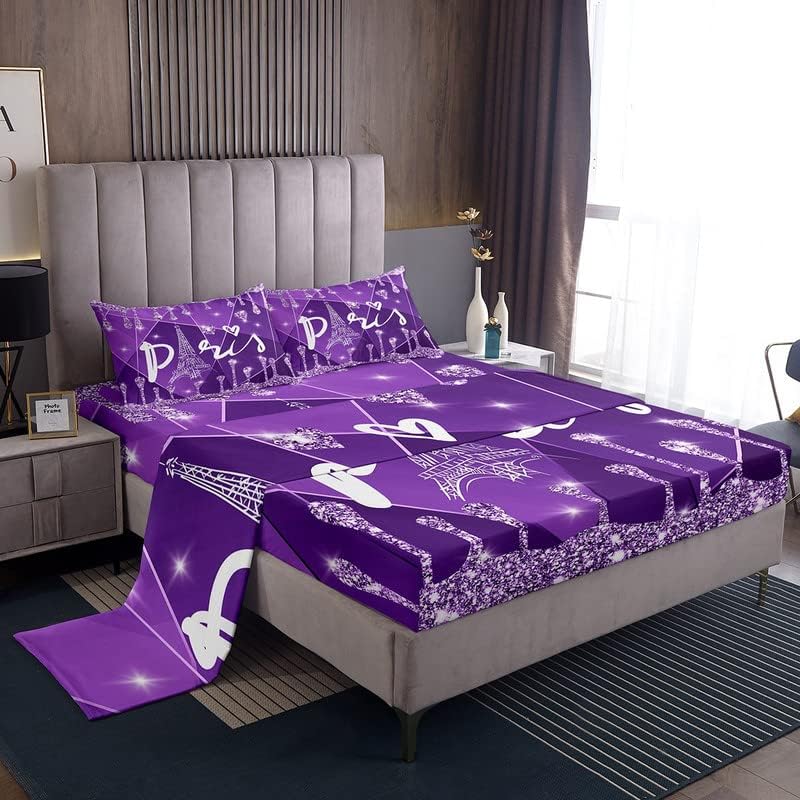 Photo 1 of [Size Twin] Feelyou Paris Sheets with Deep Pocket Fitted Sheet Glitter (No Glitter No Sequin) Diamond Eiffel Tower Sheet Set for Boys Girls Children Silver Purple Valentines Gift Bed Sheets Set Room Decor Twin 