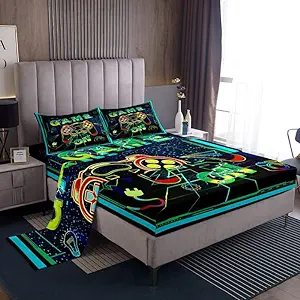 Photo 1 of [Size Queen] Gamer Print Sheet Set Gaming Bed Sheets Set for Kids Teens Game Room Decor Neon Teal Yellow Green Sheets with Deep Pocket Fitted Sheet Modern Game Console Controller Bedding Set Bed OOM Decor Queen