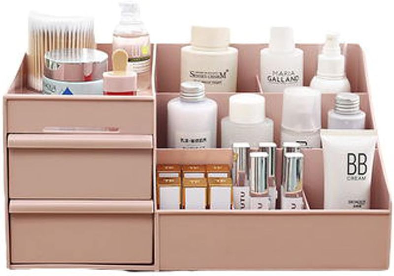 Photo 1 of skin care organizer,Makeup Desk Organizer With Drawers,Countertop Organizer for Cosmetics,Vanity brush with Holder for Lipstick, Brushes, Eyeshadow, and Jewelry Desktop Finishing Dresser (Pink)