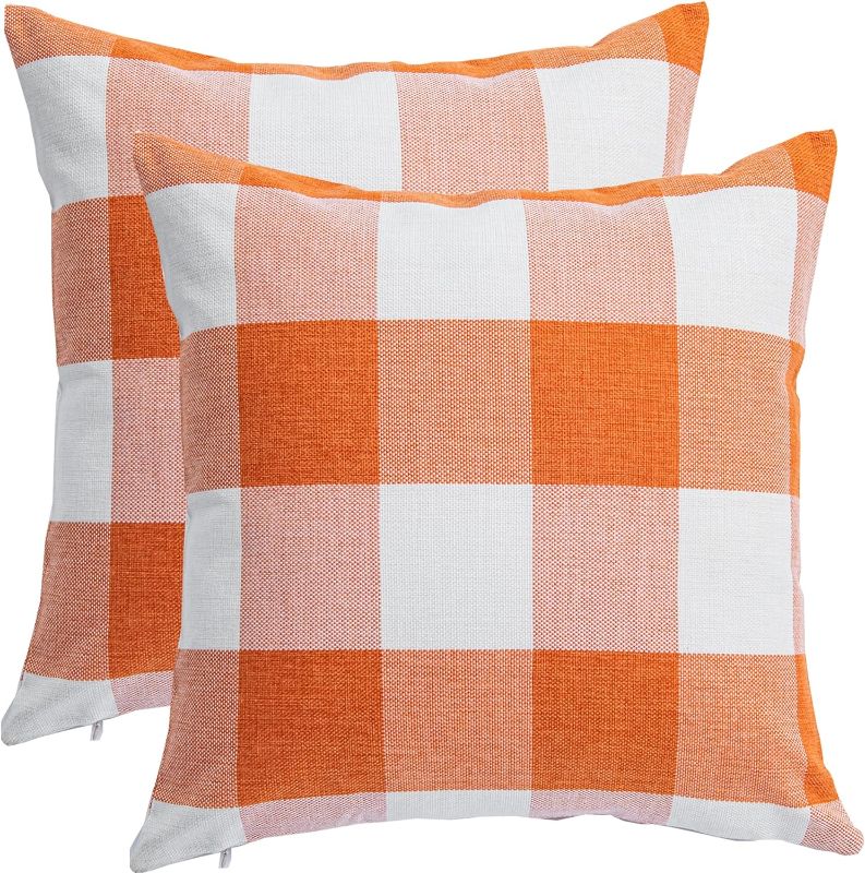 Photo 1 of Anickal Fall Pillow Covers 20x20 Inch for Fall Decor Set of 2 Orange Buffalo Check Plaid Throw Pillow Covers Farmhouse Rustic Decorative Square Cushion Covers for Sofa Couch Living Room Decorations