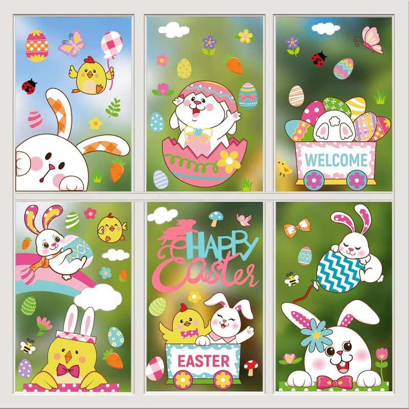 Photo 1 of 2024 New Easter Window Clings for Glass Windows,9Sheets Large Bunny Stickers Double-Side Easter Window Stickers Cute Bunny Eggs Door Stickers Easter Window Decorations for Home Party Classroom Office