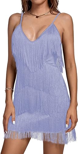 Photo 1 of [Size M] Umenlele Women's Layered Fringe Deep V Neck Cami Mini Dress Sleeveless Tassels Flapper Dresses Medium Light Purple