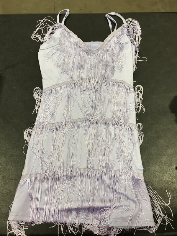 Photo 2 of [Size M] Umenlele Women's Layered Fringe Deep V Neck Cami Mini Dress Sleeveless Tassels Flapper Dresses Medium Light Purple