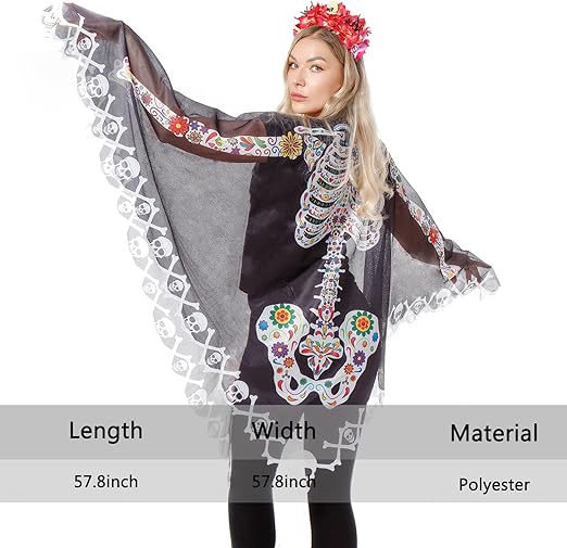 Photo 1 of Halloween Skeleton Poncho for Women Day of The Dead Skeleton Costume Lace Skeleton Cape Shawl
