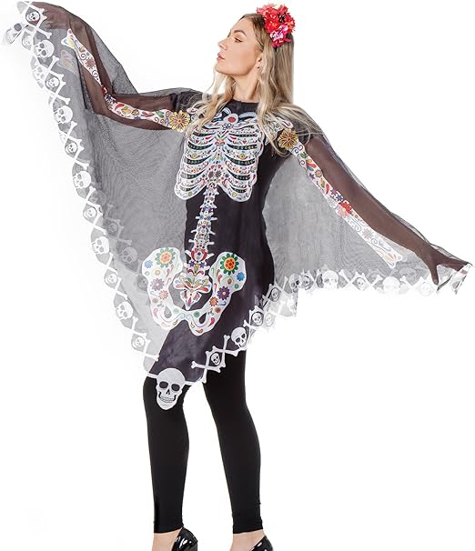 Photo 1 of Halloween Skeleton Poncho for Women Day of The Dead Skeleton Costume Lace Skeleton Cape Shawl