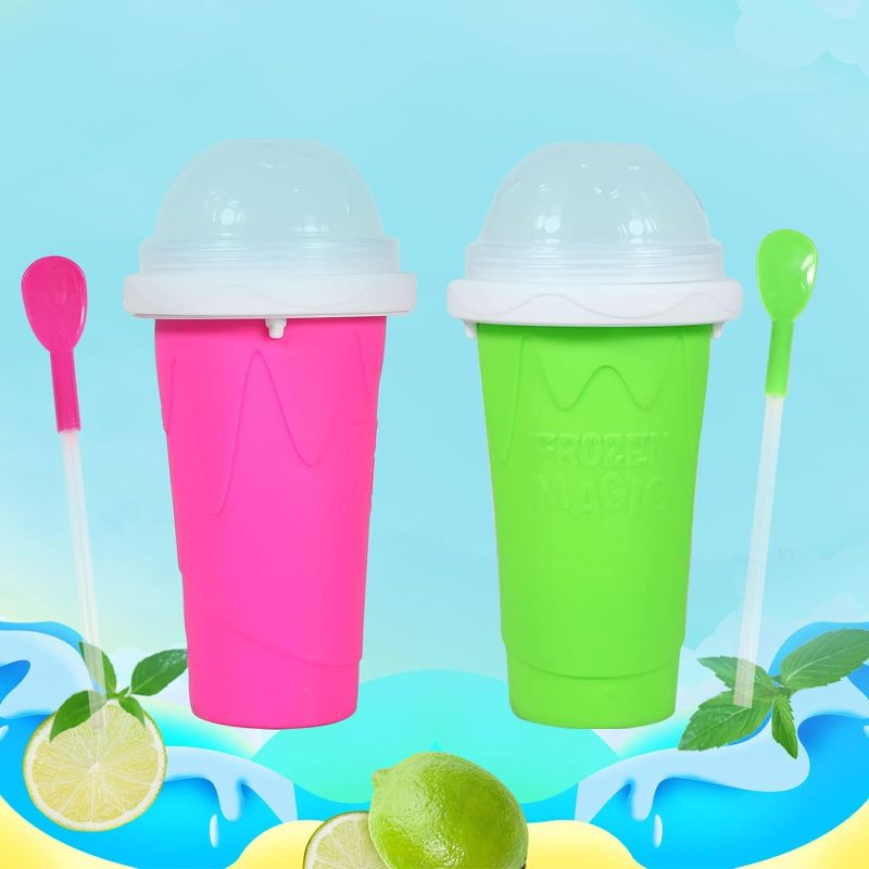 Photo 1 of 2 Pcs Slushie Cup, Quick Frozen Magic Slushy Maker Cup, Reusable Slushie Cup, Food Grade Silicone Slushie Maker Cup, Portable Smoothie Squeeze Cup for Juices, Milk and Ice Cream (Pink+Green)