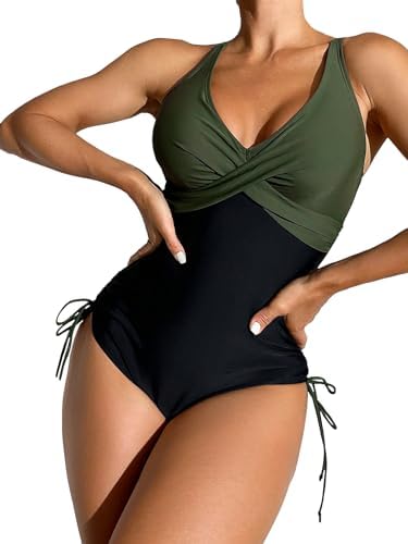 Photo 1 of [Size M] Cute one Piece Swimsuit for Women Teens Slimming one Piece Bathing Suit Color Block Swimwear Chlorine Resistant