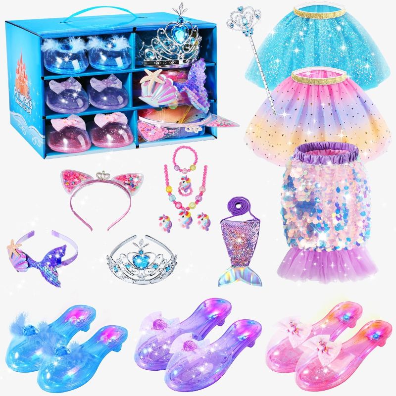 Photo 1 of Princess Dress Up, Little Mermaid Costume Toys for Girls- Accessories Set with Light Up Shoes, Skirts, Crown, Wand, Mermaid Bag, Princess Toys for Girls Age 3 4 5 6 Year Old Birthday Party Favors