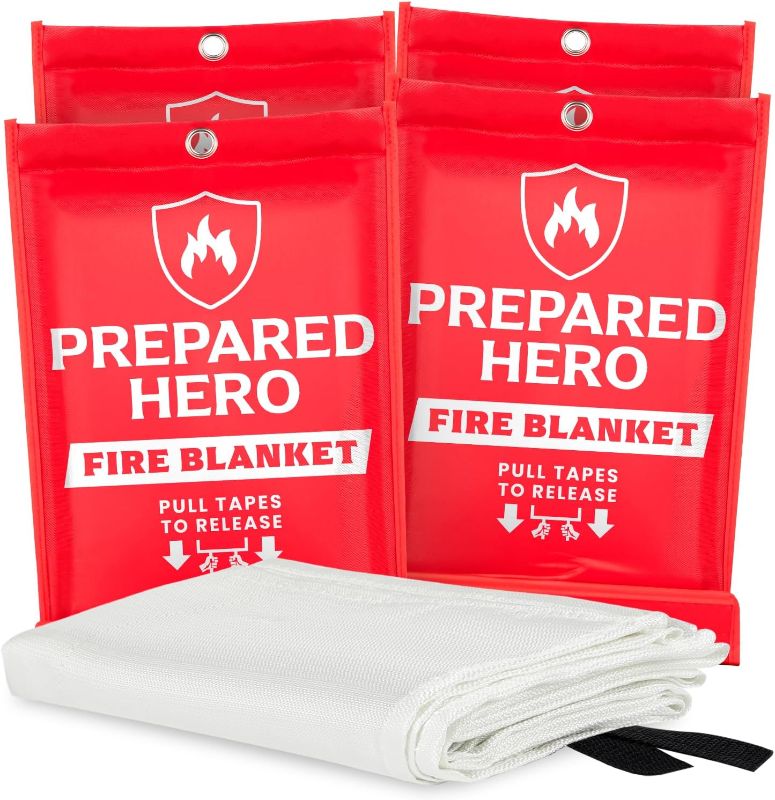 Photo 1 of Prepared Hero Emergency Fire Blanket - 4 Pack - Fire Suppression Blanket for Kitchen, 40” x 40” Fire Blanket for Home, Fiberglass Fire Blanket