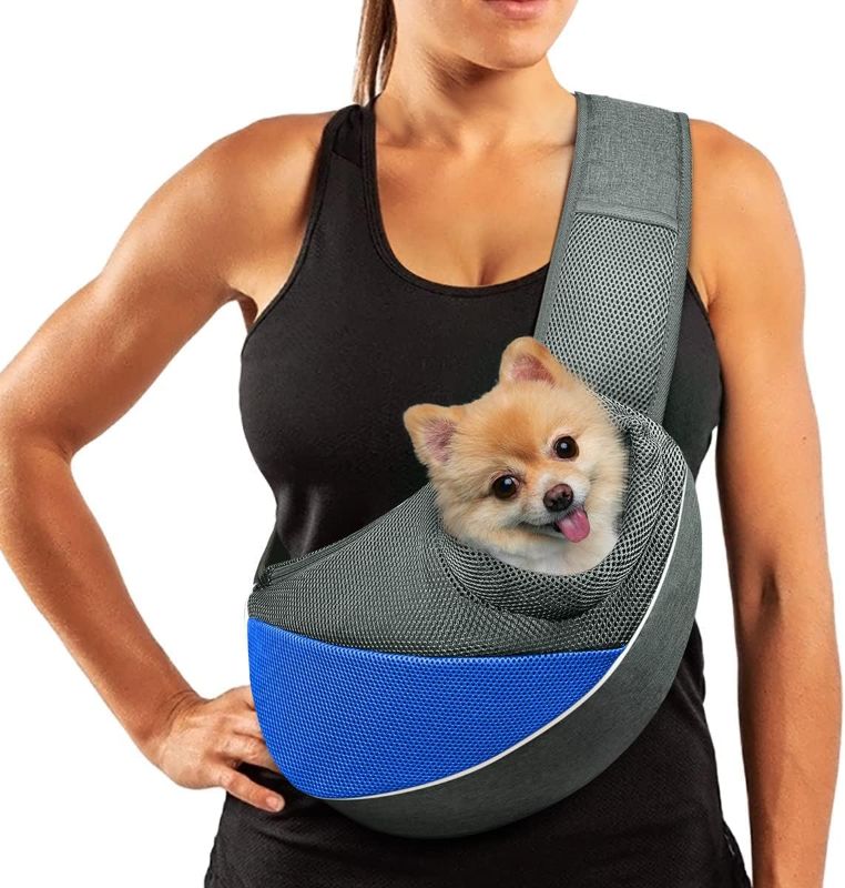 Photo 1 of Dog Sling Carrier, Adjustable Puppy Pet Carrier Purse Carrier Dog Carrying Bag Small Animal Carriers Cat Sling Pouch Holder (Royal Blue, M - Up to 7 lbs)