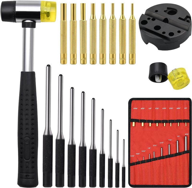 Photo 1 of Pin Punch Set, 22pcs Removing Repair Tools, Including Universal Block, Brass Pin Punches, Steel Pin Punches and Hammer(Brass Pin Punches + Block)