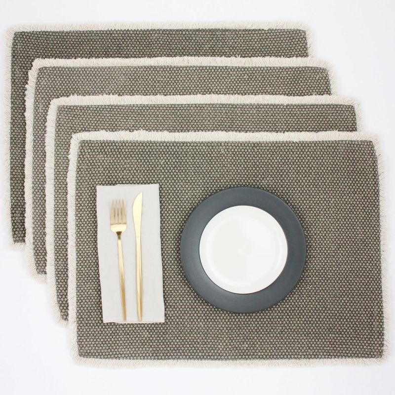 Photo 1 of Cotton Woven Fringe Placemats Set of 4 - Handwoven, Boho, Modern Farmhouse Cloth Table Mats for Indoor/Outdoor - Machine Washable Oversize Mat 14 x 20 inch, Flint