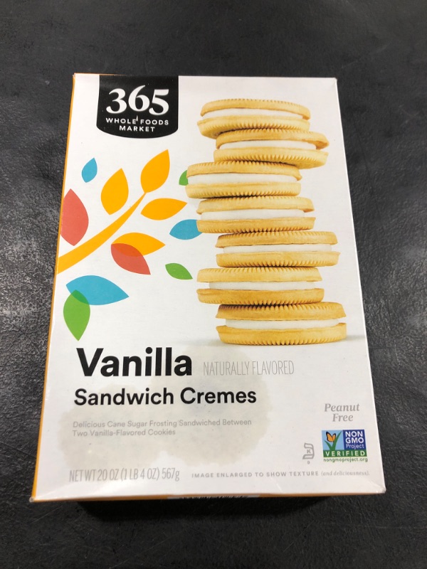 Photo 1 of 365 by Whole Foods Market, Vanilla Sandwich Creme Cookies, 20 Ounce Vanilla 1.25 Pound (Pack of 1) est date 06/24/2024