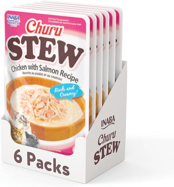 Photo 1 of INABA Churu Stew for Cats, Creamy Broth Gelée with Shredded Chicken Topper/Treat Pouch with Vitamin E, 1.4 Ounces per Pouch, 6 Pouches Total, Chicken with Salmon Recipe