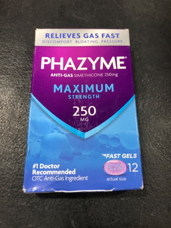 Photo 1 of Phazyme Maximum Strength Gas and Bloating Relief, 250 mg Simethicone, 12 Fast Gels (Pack of 2) 12 Count (Pack of 1) Fast Gel