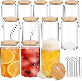 Photo 1 of Drinking Glasses Cups with Bamboo lids and Straws - 16oz Beer Can Shaped Glass Cups,Iced Coffee Glasses, Cute Tumbler Cup, Ideal for Cocktail,Juice - 2Cleaning Brushes and Drinking Glasses Set of 12