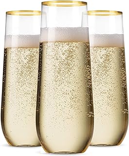 Photo 1 of Munfix 48 Pack Stemless Plastic Champagne Flutes Disposable 9 Oz Gold Rim Clear Plastic Toasting Glasses Shatterproof Recyclable and BPA-Free