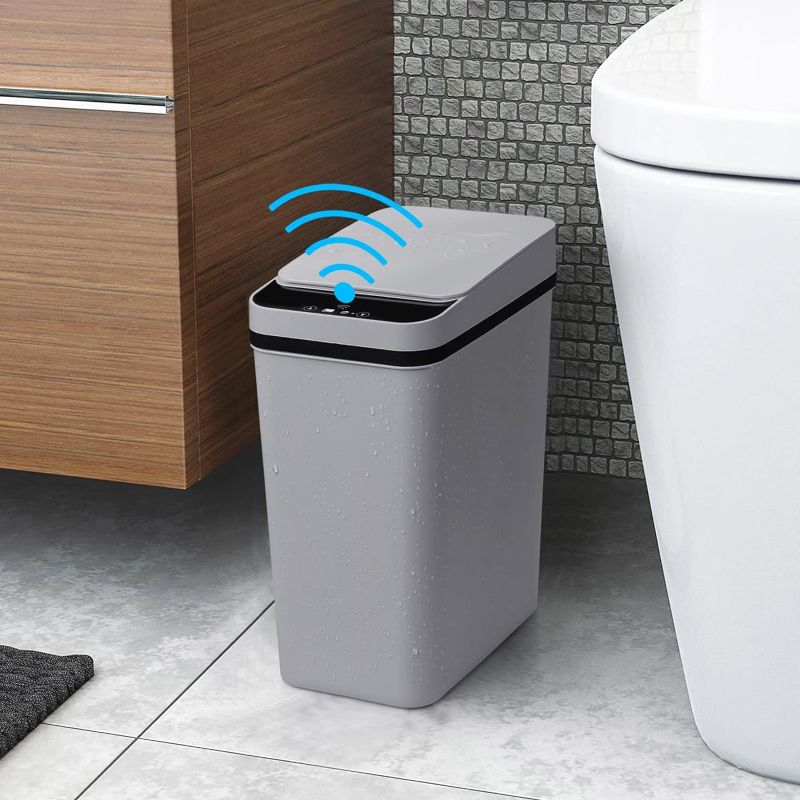 Photo 1 of Anborry Smart Touchless Bathroom Trash Can 2.2 Gallon Automatic Motion Sensor Rubbish Can with Lid Electric Waterproof Narrow Small Garbage Bin for Kitchen, Office, Toilet, Bedroom (Grey) 