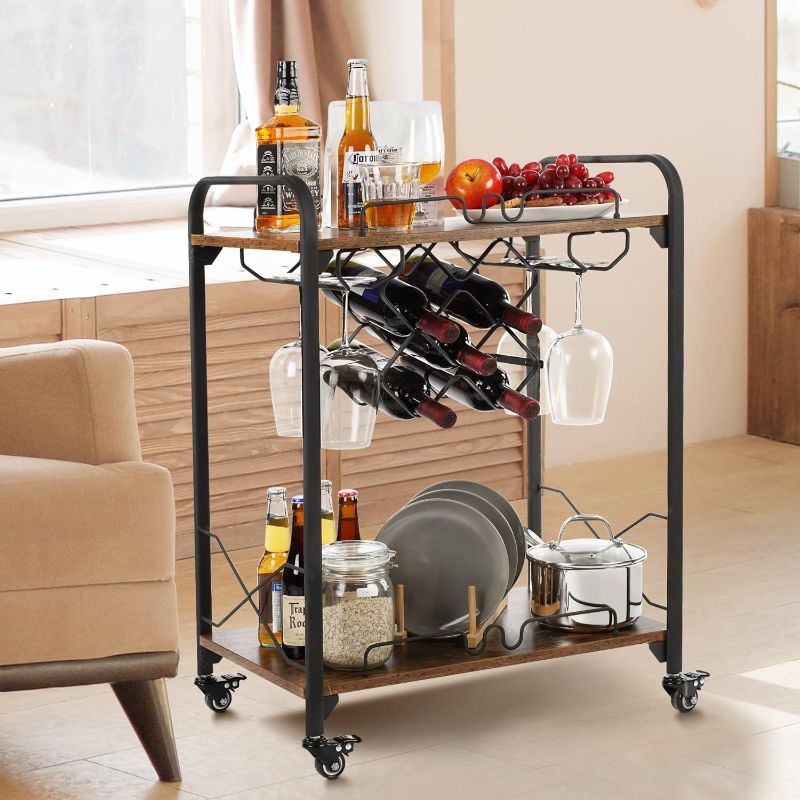 Photo 1 of Jubao Bar Carts for The Home, 2-Tier Mobile Bar Serving Cart with Wine Racks and Glasses Holders, Wine Cart on Wheels, Beverage Small Bar Cart for Kitchen, Living Room, Rustic Brown 