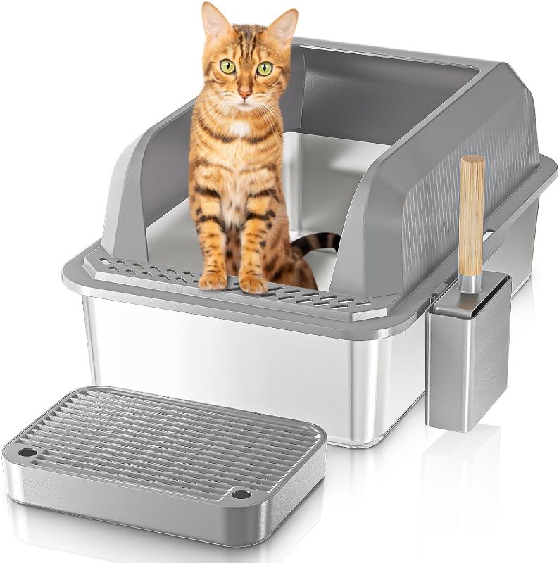 Photo 1 of Stainless Steel Cat Litter Box, 20L Large Size Odor Control Litter Pan with High Sides for cat, Non Stick, Rust Proof, Come with Cat Litter Shovel and Non Slip Rubber Feets,Easy to Clean 