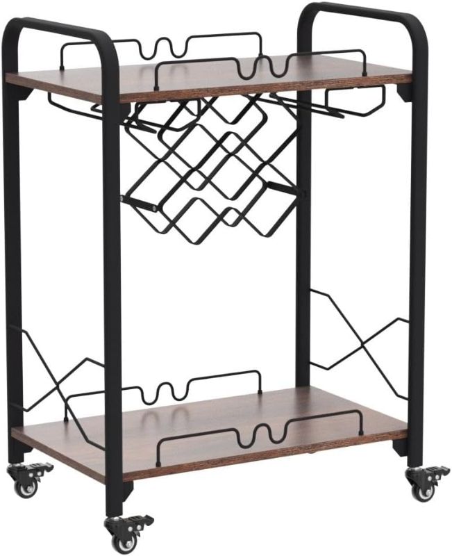 Photo 1 of Jubao Bar Carts for The Home, 2-Tier Mobile Bar Serving Cart with Wine Racks and Glasses Holders, Wine Cart on Wheels, Beverage Small Bar Cart for Kitchen, Living Room, Rustic Brown
