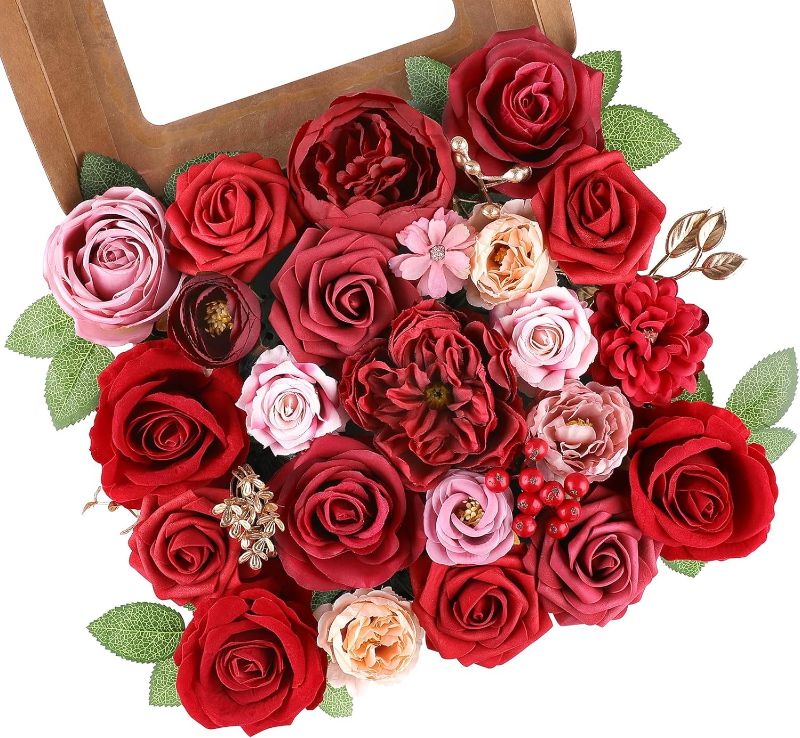 Photo 1 of AGIRL Red Artificial Flowers Combo Fake Flowers Red Rose Silk Flowers Fake Floral Arrangements for DIY Wedding Bouquets Centerpieces Table Decor Baby Shower Home Decor 