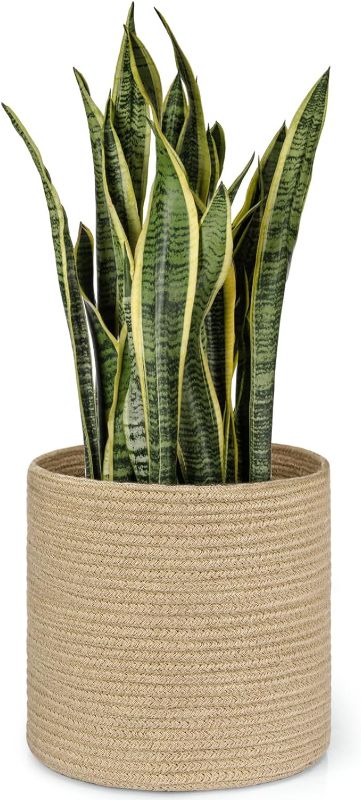 Photo 1 of Dahey Jute Rope Plant Basket Modern Woven Storage Basket for 10" Indoor Planter, Decorative Flower Pots Cover Laundry Bin with Handle Rustic Home Decor, Beige 