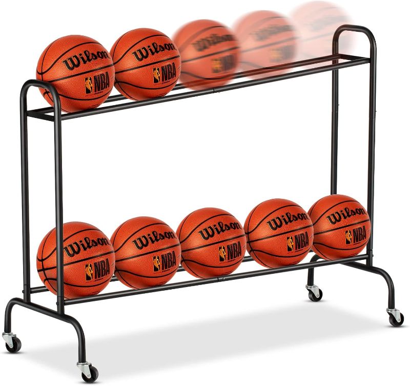 Photo 1 of EXTCCT Tilt Basketball Rack Ball Storage Holder - Tilt Basketball Shooting Training Rack, Garage Sports Equipment Organizer, Outdoor and Indoor Rolling Balls Cart with Wheels 