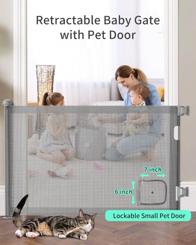 Photo 1 of Retractable Baby Gates, Pet Gate with Cat Door - 33" Tall, Extends to 55" Wide Dog Gate for Stairs, Mesh Baby Gate with Door for Cats/Small Dogs, Easy Install for Doorways, Indoor &Outdoor
