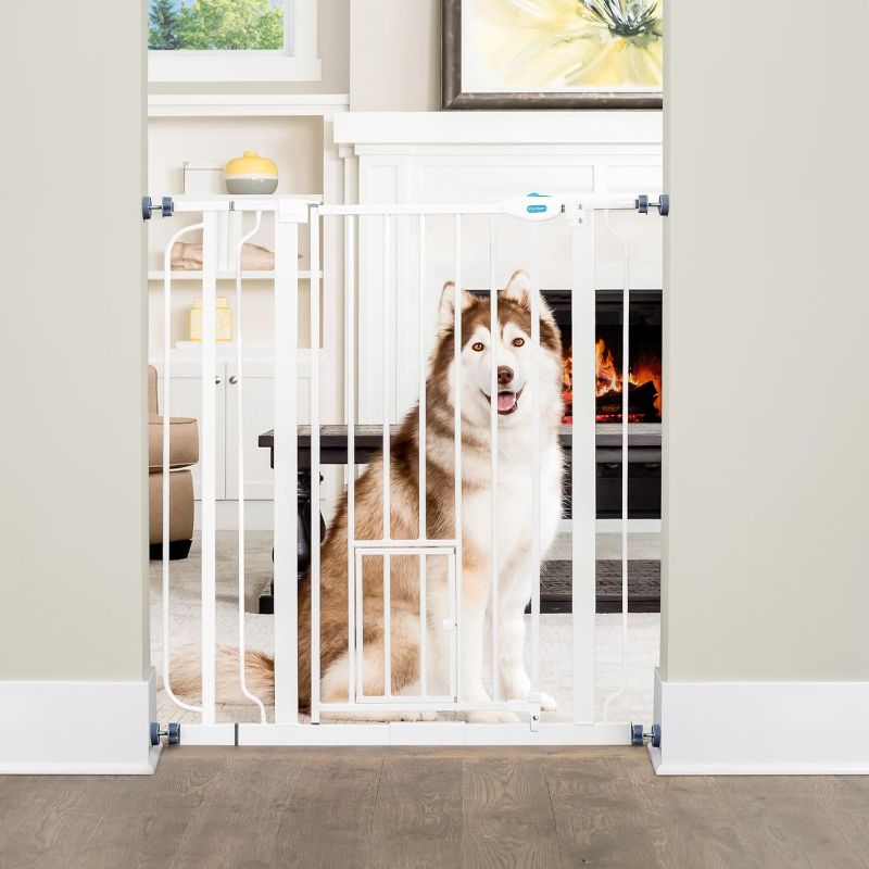 Photo 1 of Carlson Extra Tall Walk Through Pet Gate with Small Pet Door, Includes 4-Inch Extension Kit, 4 Pack Pressure Mount Kit and 4 Pack Wall Mount Kit, white
