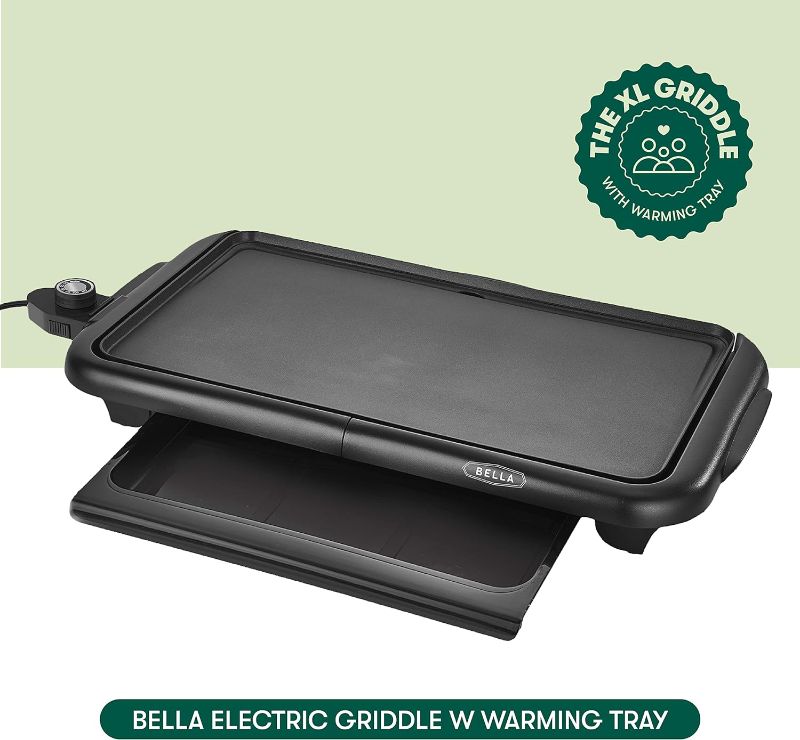 Photo 1 of BELLA Electric Griddle with Warming Tray - Smokeless Indoor Grill, Nonstick Surface, Adjustable Temperature & Cool-touch Handles, 10" x 18", Copper/Black
