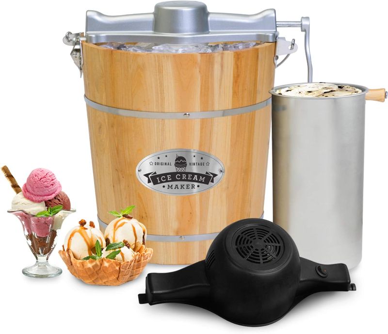 Photo 1 of Elite Gourmet Old Fashioned 4 Quart Vintage Appalachian Wood Bucket Electric Ice Cream Maker Machine, Bonus Classic Die-Cast Hand Crank for Churning, Uses Ice and Rock Salt Churns Ice Cream in Minute
