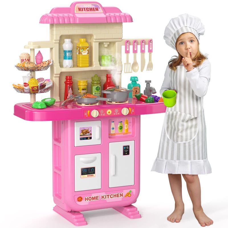 Photo 1 of TEMI Play Kitchen Girls Toy Pretend Food - Kitchen Toys for Kids Ages 4-8, Kitchen Set for Toddlers 1-3, Play Kitchen Accessories w/ Real Sounds Light, for Girls Boys Age 2 3 4 5 6 7 Pink