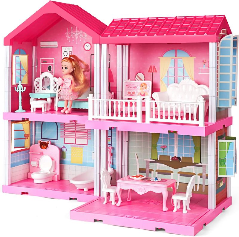 Photo 1 of TEMI Dollhouse Girls Pretend Toys - Doll Figure with Furniture, Accessories, Stairs, Pets and Dolls, DIY Cottage Pretend Play Dollhouse, for Toddlers, Boys & Girls