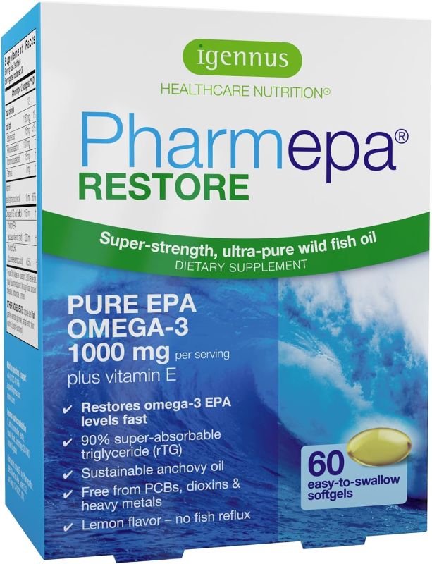 Photo 1 of Pharmepa Restore, 1000mg Pure EPA Fish Oil, High Absorption rTG Omega-3, Triple Strength, Wild & Sustainable, Lemon Flavor, 1-Month Supply, 60 Softgels

