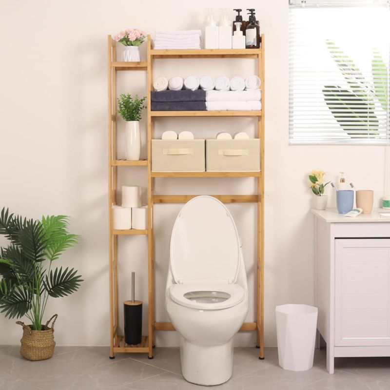 Photo 1 of Homde Over The Toilet Storage with Basket and Drawer, Bamboo Bathroom Organizer with Adjustable Shelf & Waterproof Feet Pad, Space Saver Storage Rack for Bathroom, Restroom, Laundry,Natural
