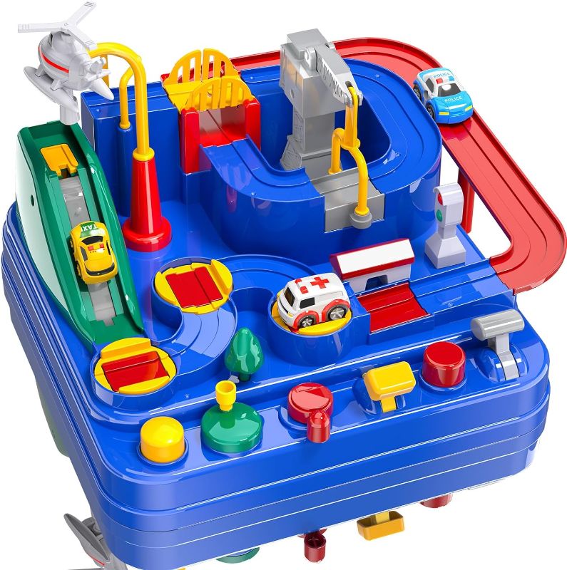 Photo 1 of TEMI Kids Race Track Toys for Boy Car Adventure Toy for 3 4 5 6 7 Years Old Boys Girls, Puzzle Rail Car, City Rescue Playsets Magnet Toys w/ 3 Mini Cars, Preschool Educational Car Games Gift Toys BLUE