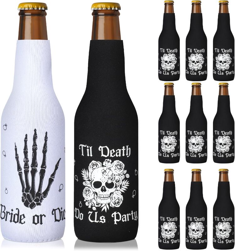 Photo 1 of 12 Pcs Bride or Die Beer Wedding Bottle Sleeve Till Death Do Us Party Neoprene Bachelor Party Bottle Cooler with Zipper for Bridal Shower Party Decorations Supplies, Black and White