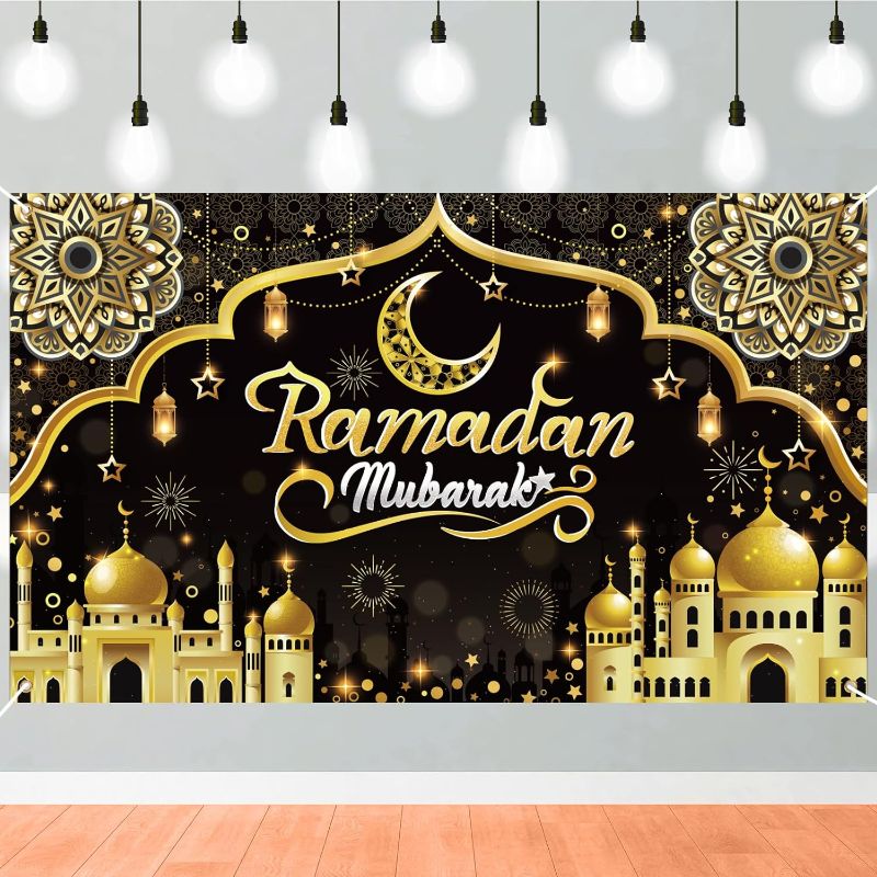 Photo 1 of Ramadan Mubarak Decorations Backdrop Banner Black and Gold Muslim Kareem Eid Sign Background Photo Booth Props for Home for Home Al Fitr Ramadan Party Decorations Supplies,72.8x43.3inch
