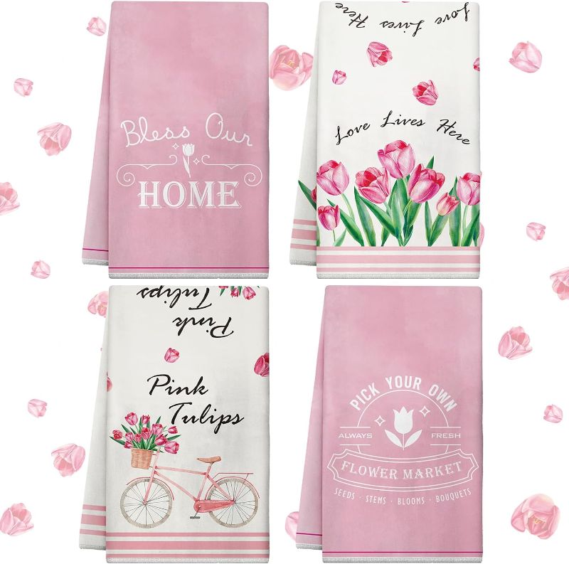 Photo 1 of CHENGU 4 Pack Spring Kitchen Towels Tulips Kitchen Decor Tulips Towels Pink Flower Dish Towels Reusable Absorbent Tea Towels Set, Terrycloth Hand Towel for Spring Kitchen
