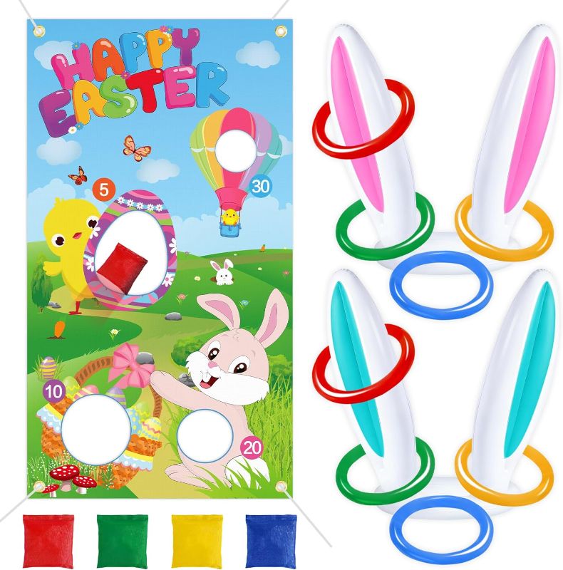 Photo 1 of Easter Toss Game Set with 4 Bean Bags + Rabbit Ears Ring Toss + Easter Bunny Toss Banner Toys Gifts for Kids Family Easter Indoor Outdoor Game Play, Easter Decorations School Yard Lawn Party Supplies
